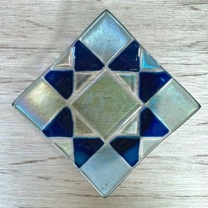 Fused Dichroic Art Glass Trinket Dish Bowl Square Iridescent  VTG 7" W Blue